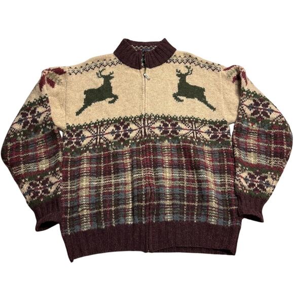 VTG Y2K Ralph Lauren Chaps Wool Sweater Zip Hand Knit Mens Medium Deer Fisherman - Picture 1 of 9